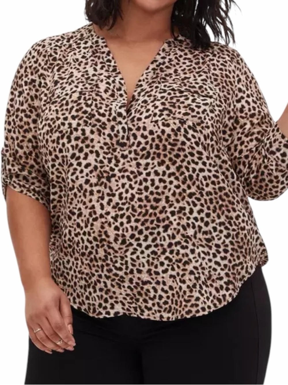 torrid Tan/Brown Leopard Print Georgette Split Neck Harper Blouse 1X